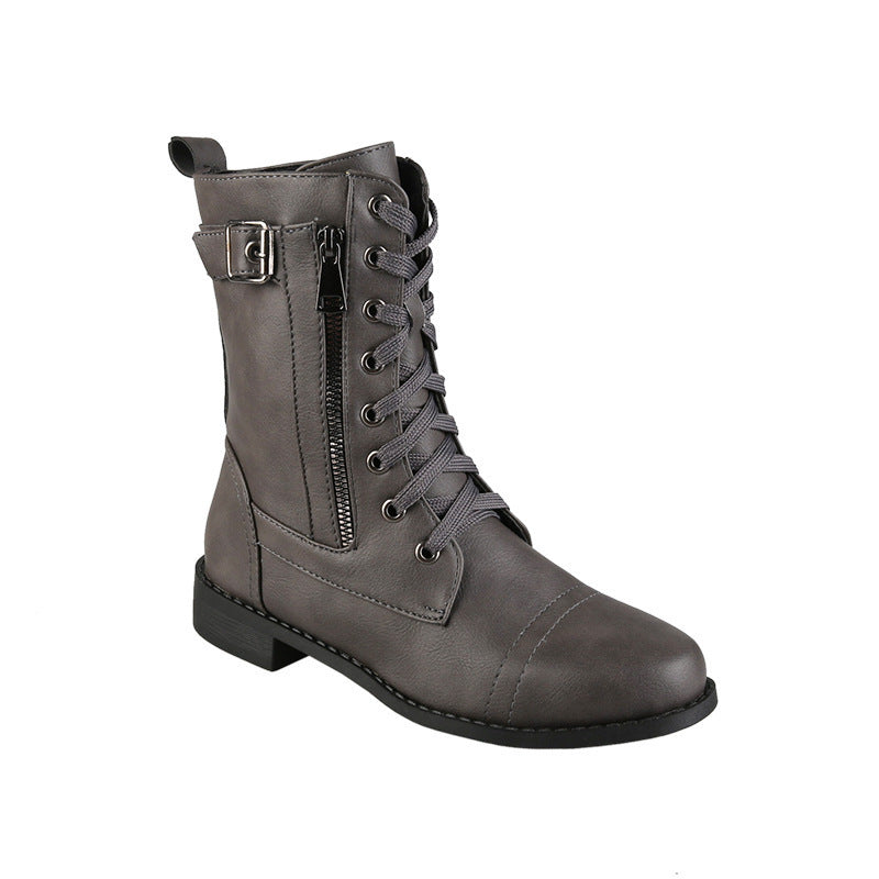 Side Zipper Lace-up Mid-tube Casual Women's Boots