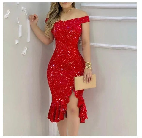 European And American New Style Red One-shoulder Ruffle Dress