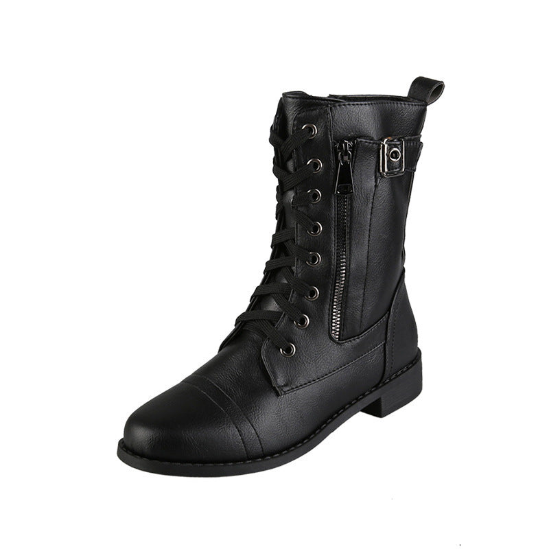 Side Zipper Lace-up Mid-tube Casual Women's Boots